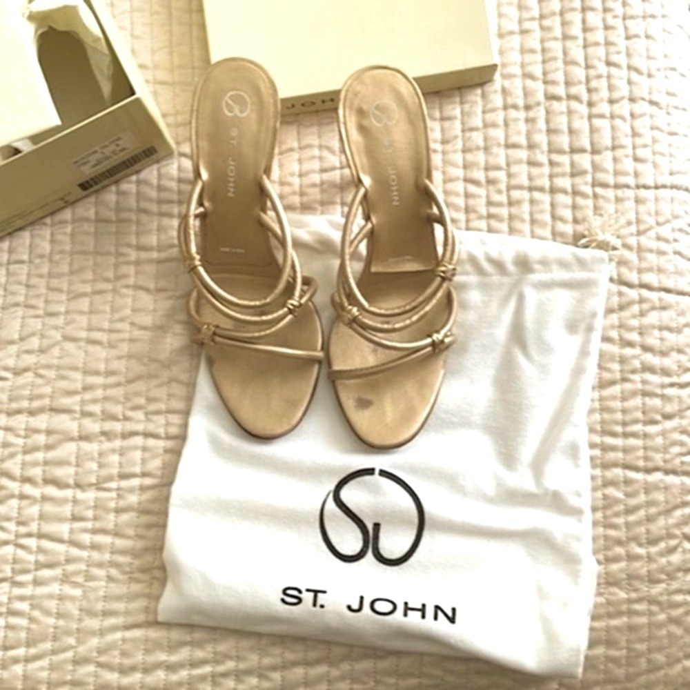 St. John gold metallic mules made Italy strappy gold original box